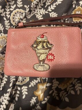 Coach Pink Pebbled Leather Wristlet with Sundae Patch
